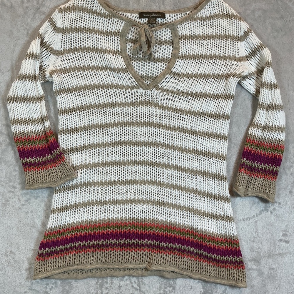 Tommy Bahama Striped Knit Tunic Top Sweater XS/TP Tie‎ Neck 3/4 Sleeve Beach